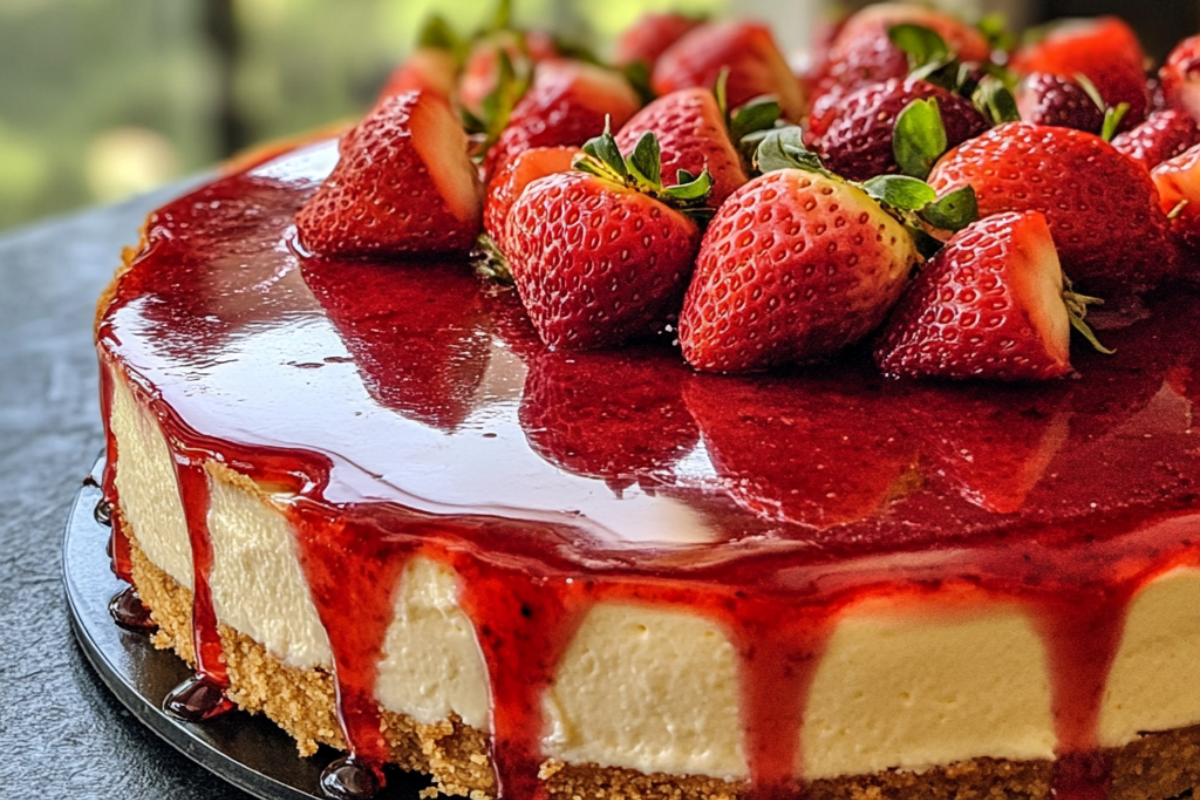 Strawberry cheesecake with fresh strawberries and a glossy strawberry topping, placed on a graham cracker crust.