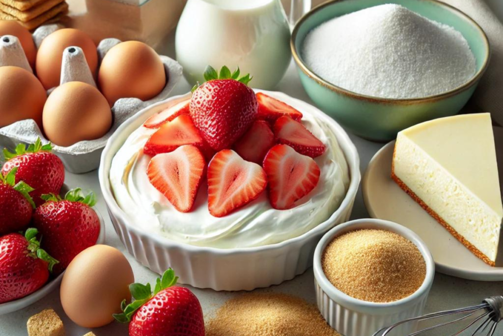  Ingredients for making a cheesecake, including cream cheese, eggs, strawberries, and more on a kitchen counter.