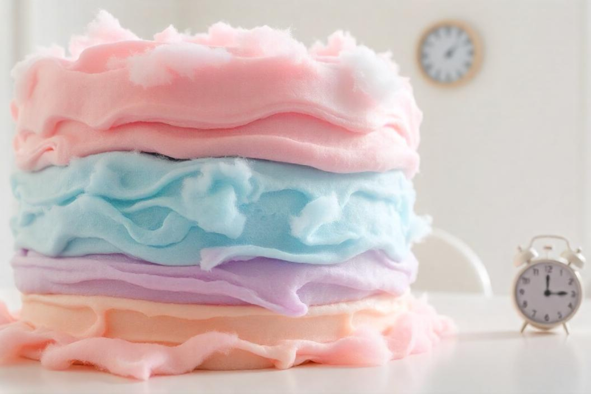 Pastel-colored cotton candy cake melting slightly on a white table in a bright, sunny room, symbolizing the delicate and short shelf life of cotton candy.