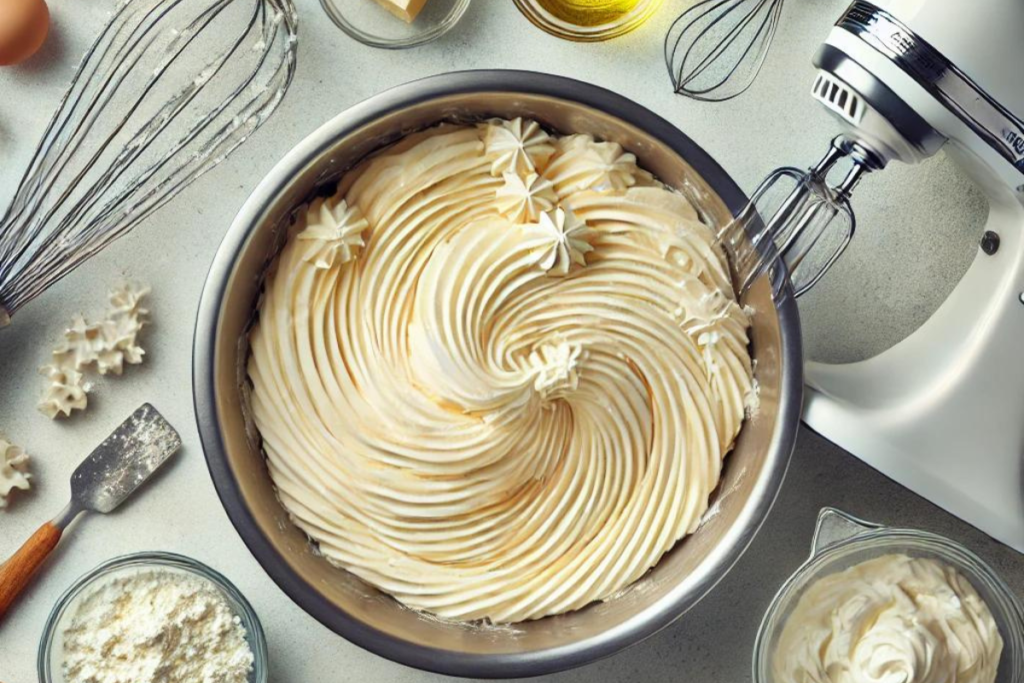 Overmixed cheesecake batter in a bowl with kitchen tools like a mixer and whisk.