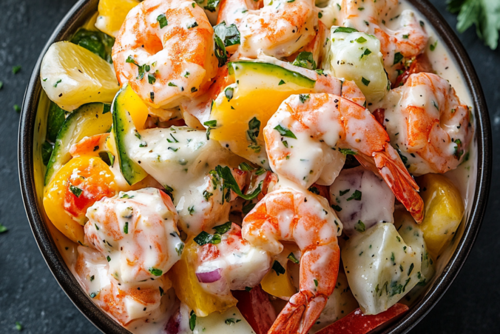 Creamy seafood salad with shrimp, cucumbers, and bell peppers in a white herb dressing.