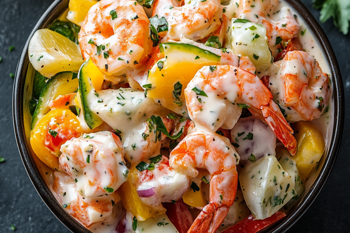 Creamy seafood salad with shrimp, cucumbers, and bell peppers in a white herb dressing.