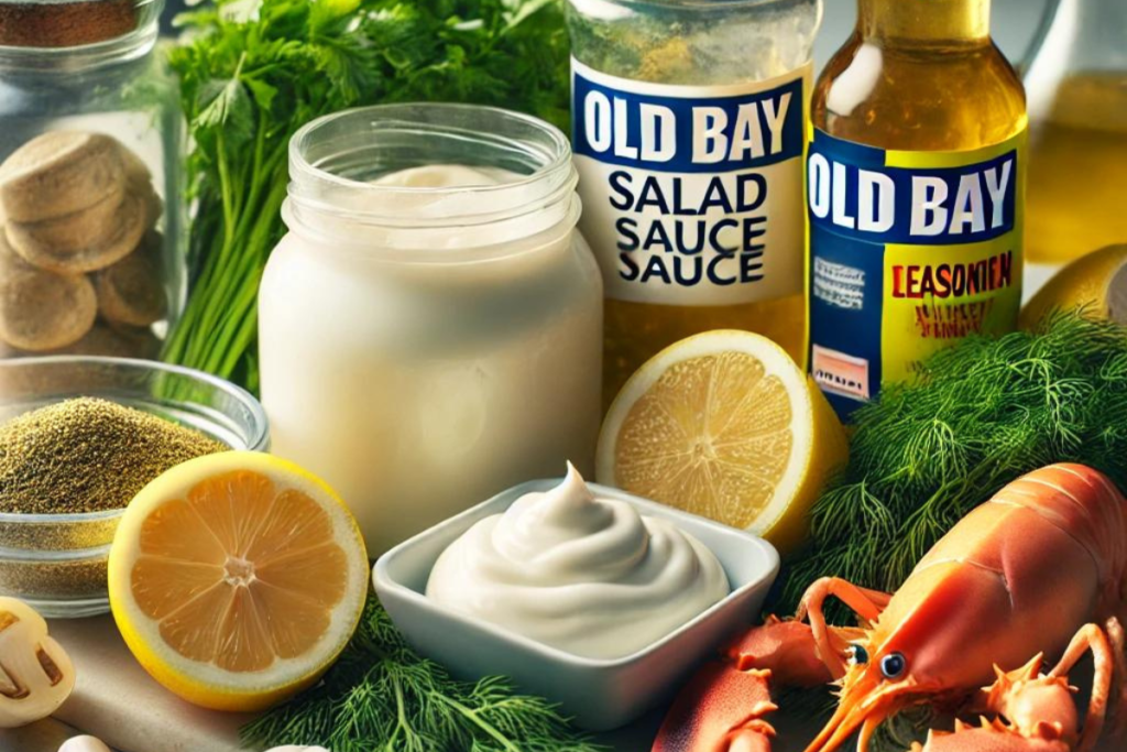 resh ingredients for making seafood salad sauce, including mayonnaise, Old Bay seasoning, lemon juice, and fresh dill on a kitchen counter.