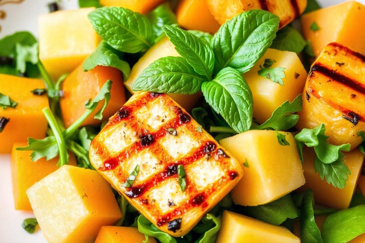 Salade Halloumi melon featuring grilled Halloumi, fresh arugula, and ripe melon cubes garnished with mint leaves.