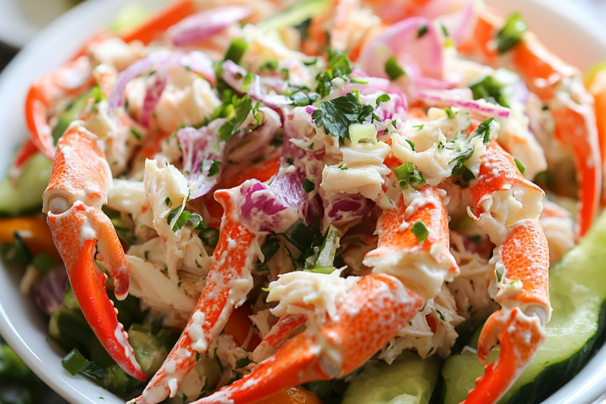 Fresh crab salad with vibrant vegetables and creamy dressing in a white bowl.