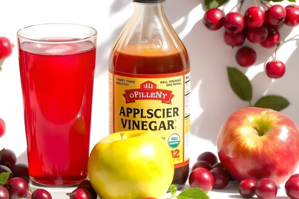 Glass of cranberry juice and a bottle of apple cider vinegar surrounded by fresh cranberries and apples on a wooden table.