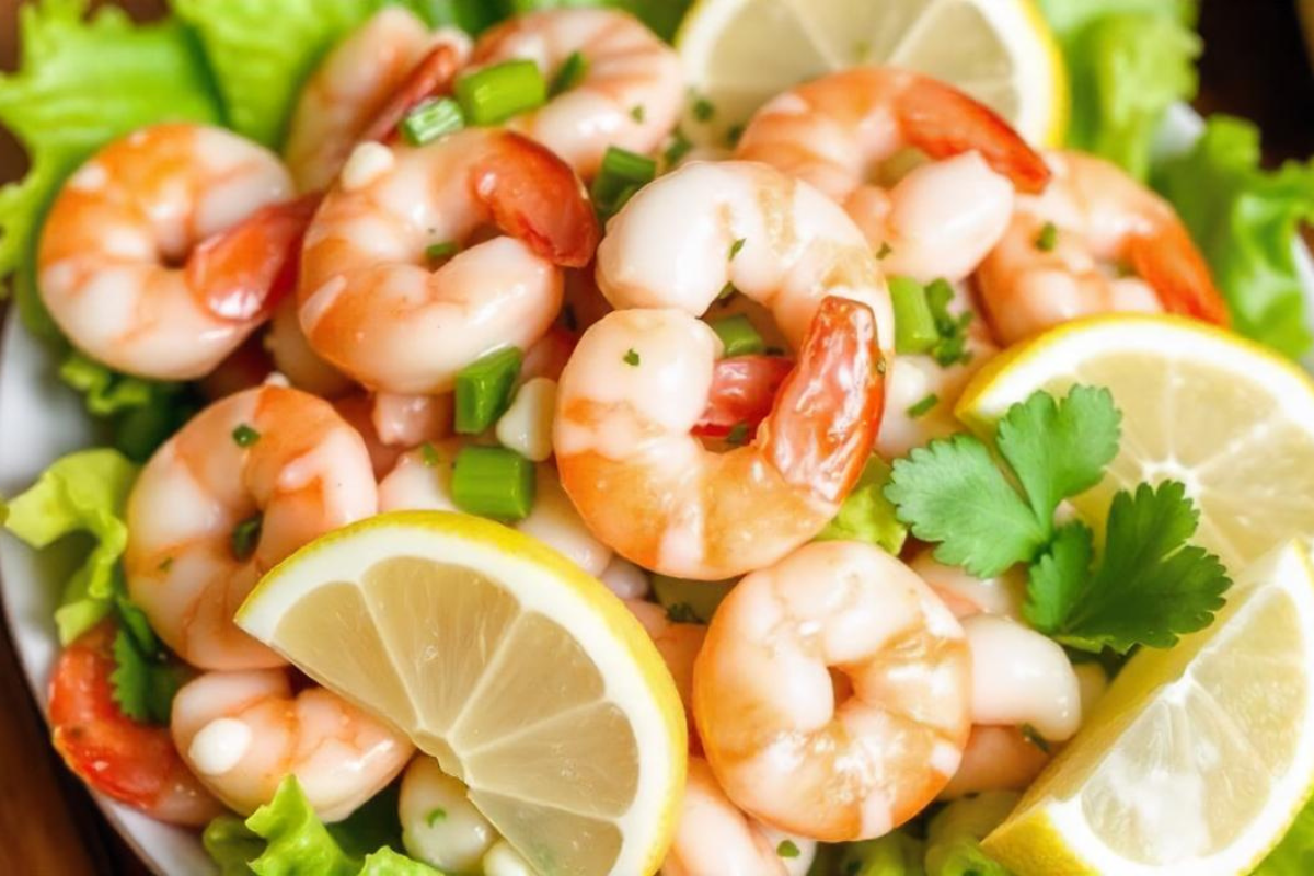 Fresh shrimp salad with creamy dressing, celery, and herbs on a bed of lettuce, garnished with lemon wedges.