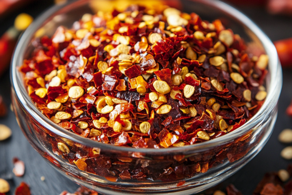 Close-up of red pepper flakes in a glass bowl with seeds and crushed pepper pieces.