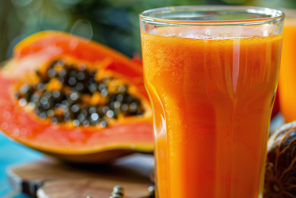 A close-up of a glass of fresh papaya juice with a sliced papaya in the background.