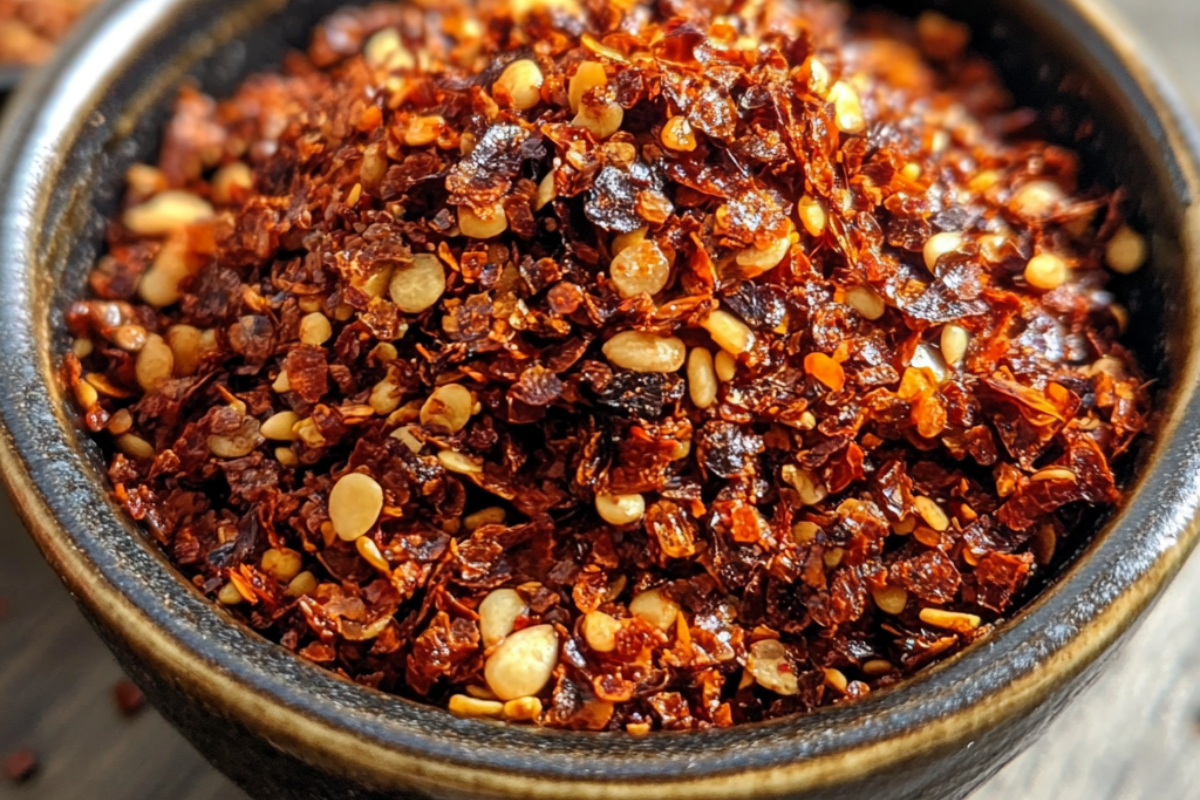 Close-up of a bowl of red chili flakes with seeds