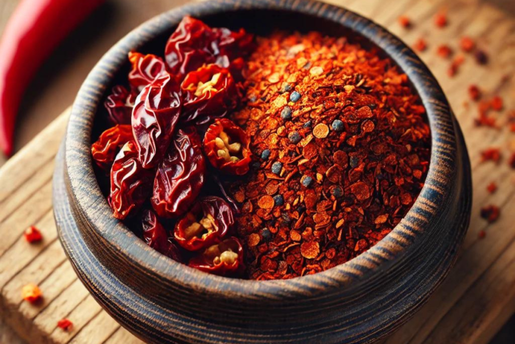 Korean chili flakes (gochugaru) in a wooden bowl next to red pepper flakes.