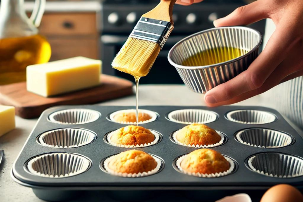 A baker greasing a muffin tin with oil, illustrating how to bake mini muffins without using muffin liners.