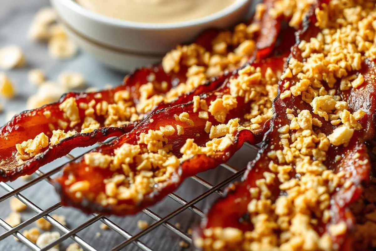 Close-up of cornflake-coated crispy bacon strips on a wire rack, showcasing a golden, crunchy texture.