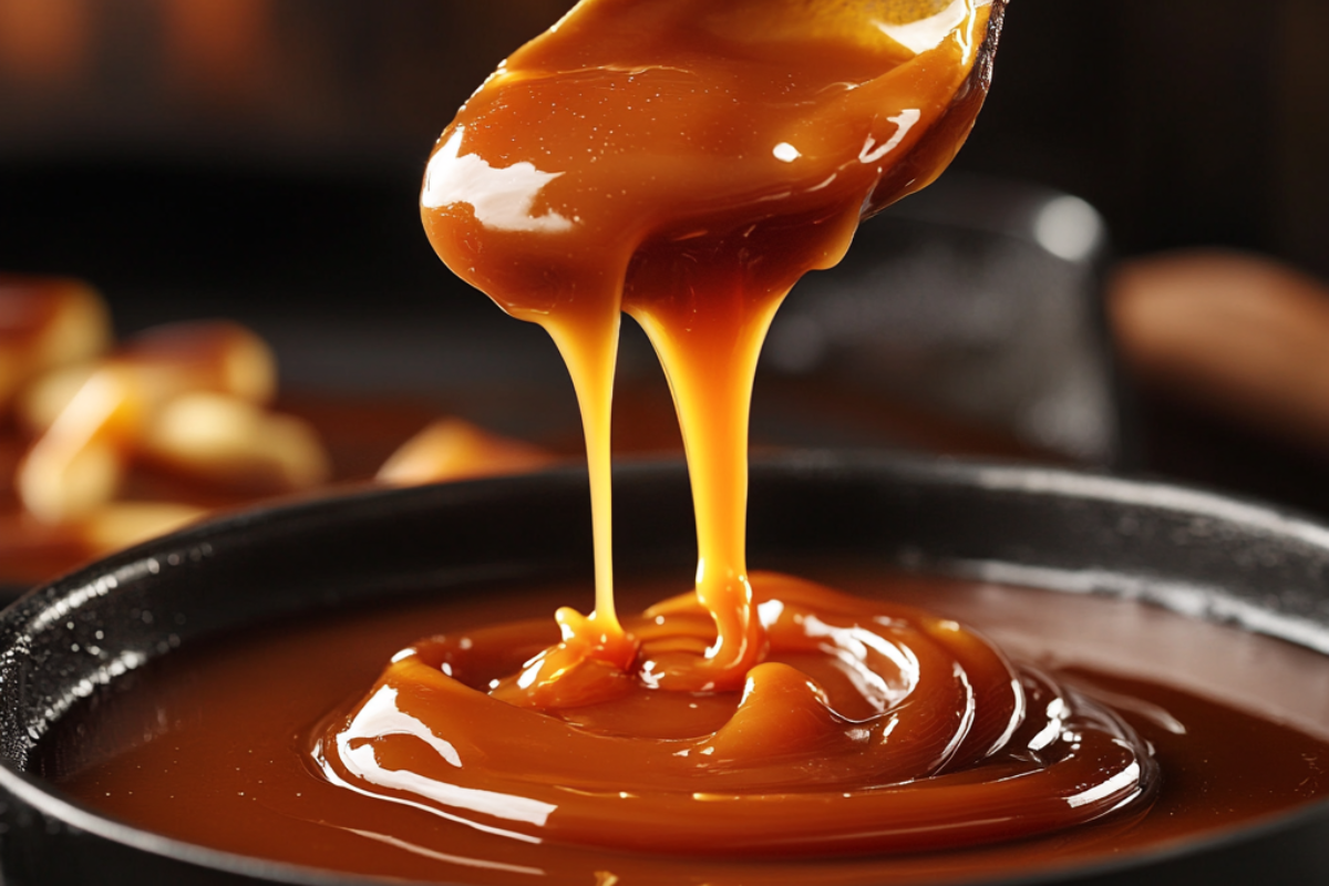 Close-up of smooth caramel being poured from a spoon into a bowl.