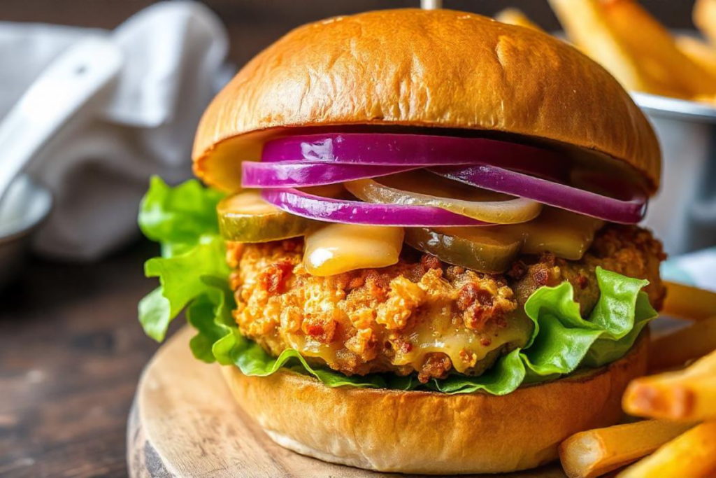 A close-up of a crispy burger with a golden, crunchy chicken patty, fresh lettuce, pickles, onions, and melted cheese in a brioche bun.