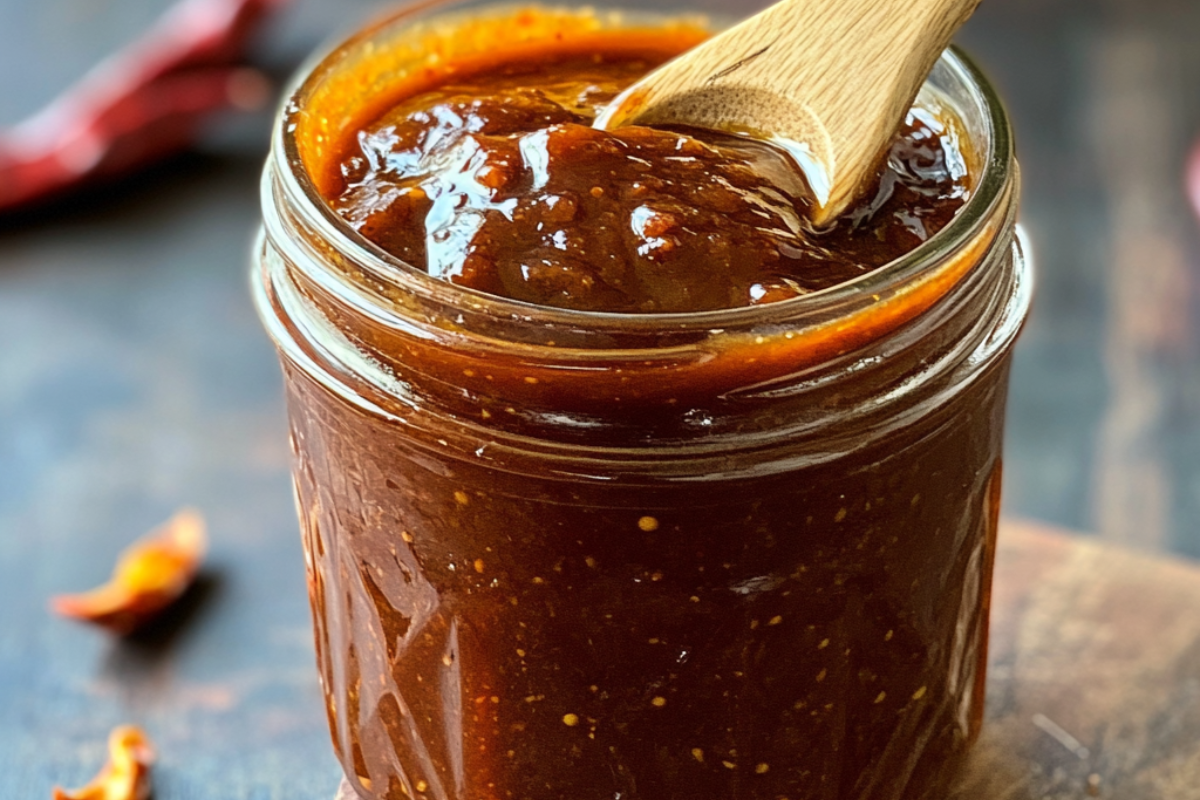 A jar of rich, homemade caramel sauce with a wooden spoon.