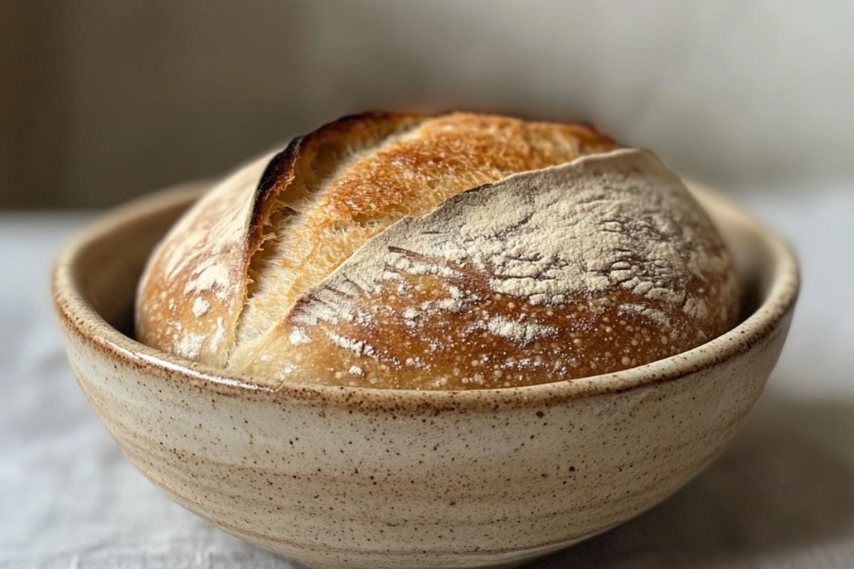 Freshly baked sourdough bread in a rustic ceramic bowl on a neutral background.