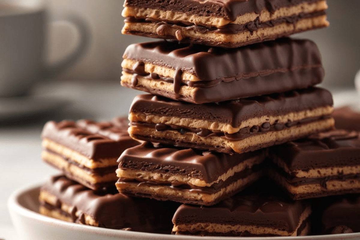 Stack of chocolate-covered crispy wafers on a clean, minimal plate