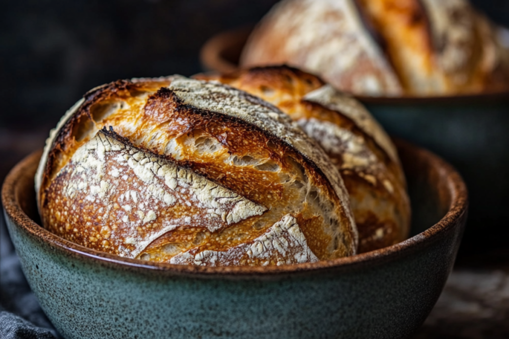 Freshly baked sourdough bread in a ceramic bowl with a golden crust and artisan scoring.