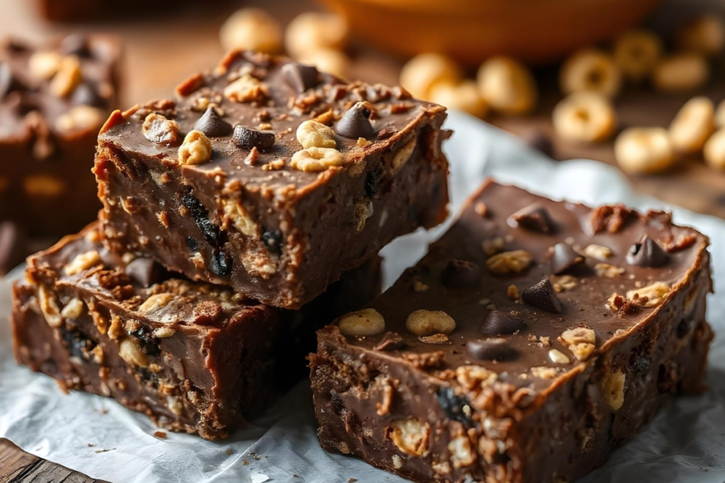 Plate of crispy fudge squares with glossy chocolate and crunchy rice cereal on a rustic wooden table.