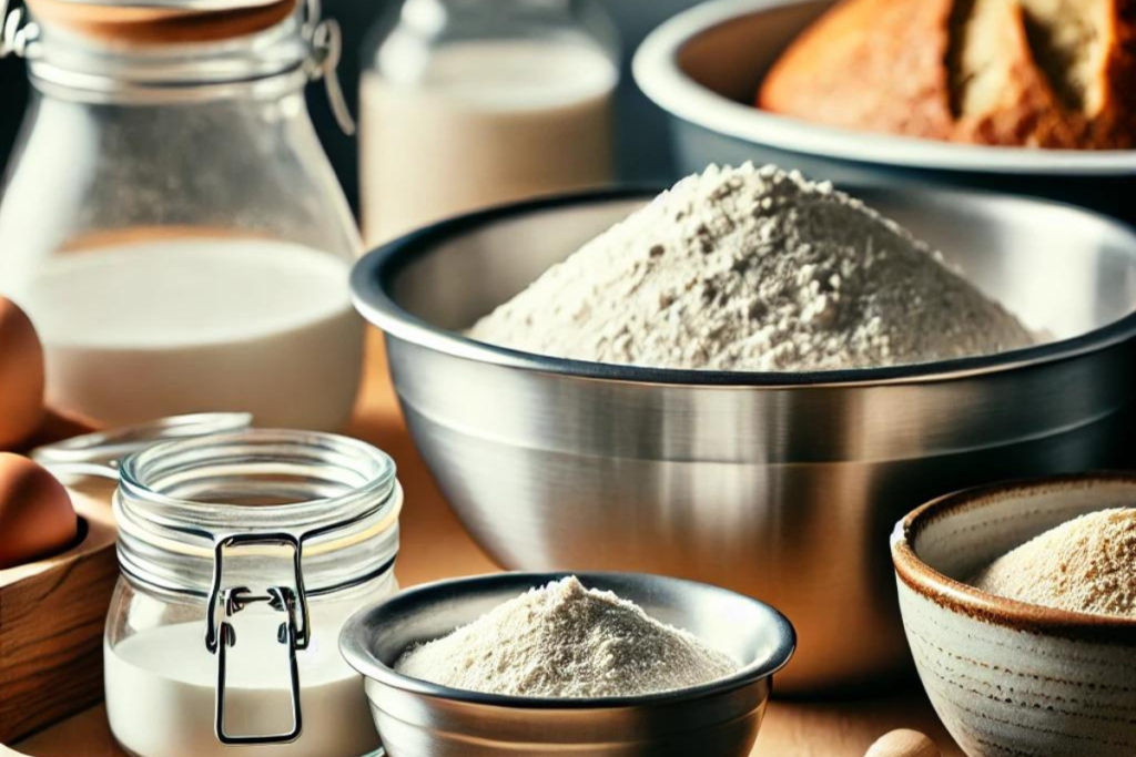 Various bowls for sourdough bread making on a wooden countertop with ingredients like flour and sourdough starter.