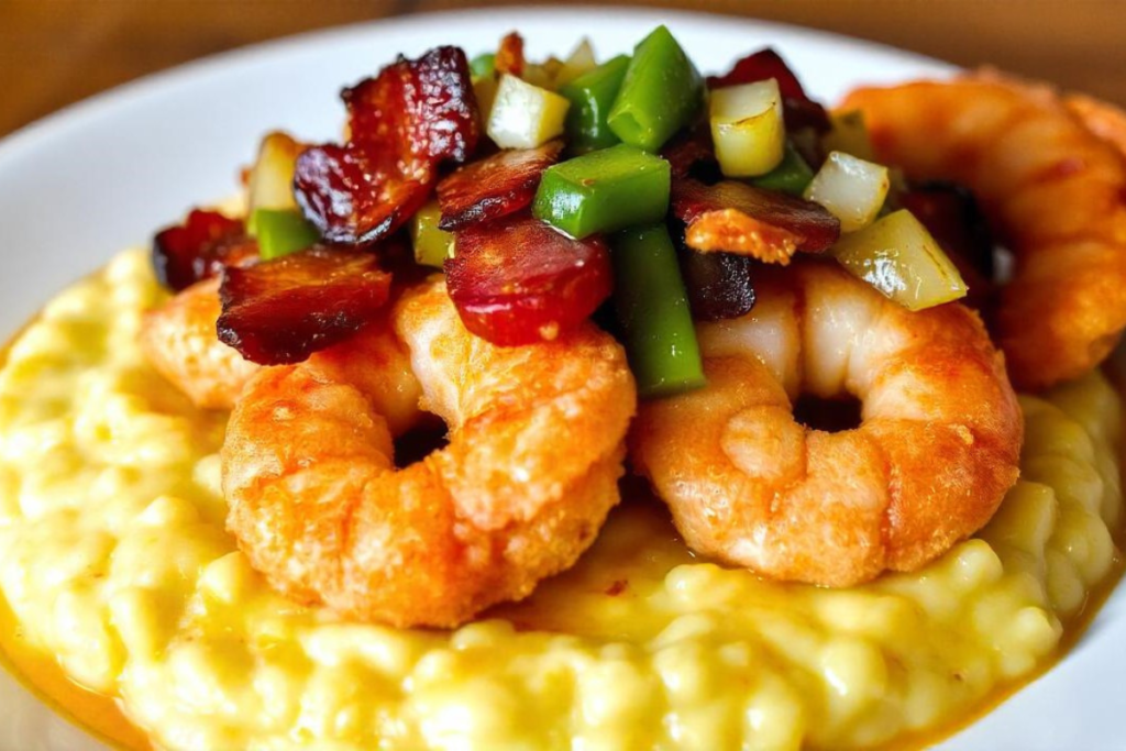 A plate of crispy shrimp and cheesy grits topped with bacon, lemon butter, and sautéed vegetables.