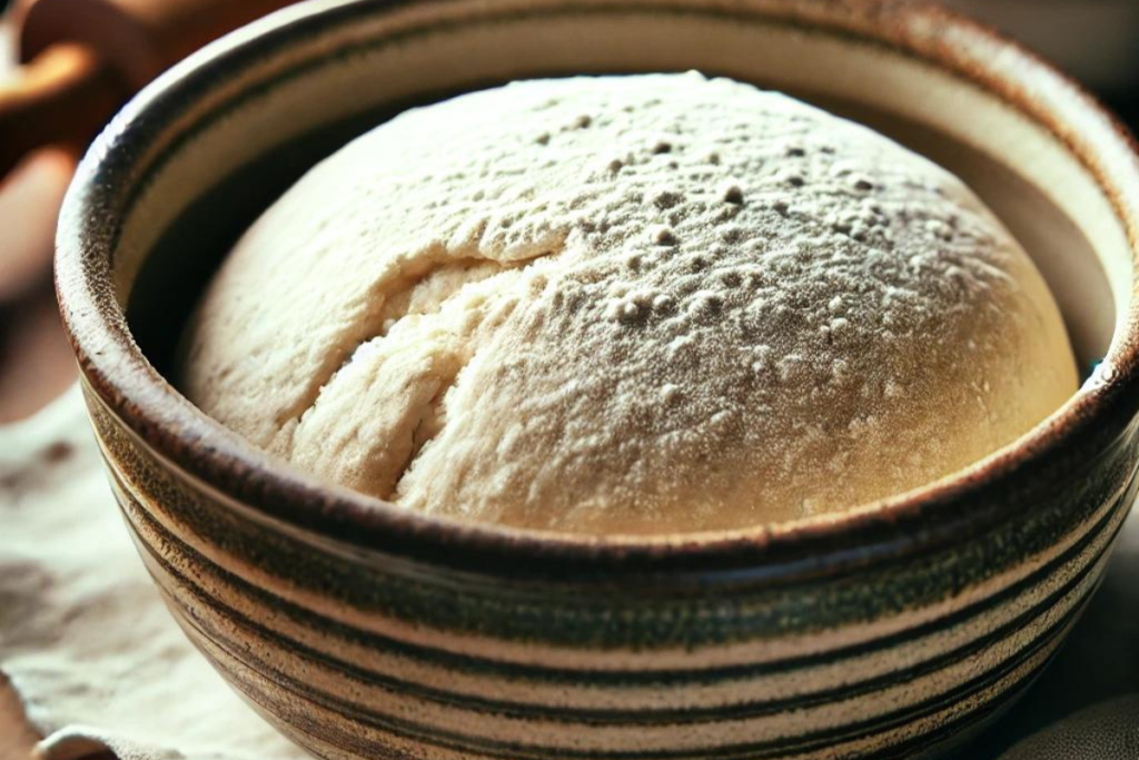 Close-up of a ceramic bowl with rising sourdough dough on a wooden countertop.