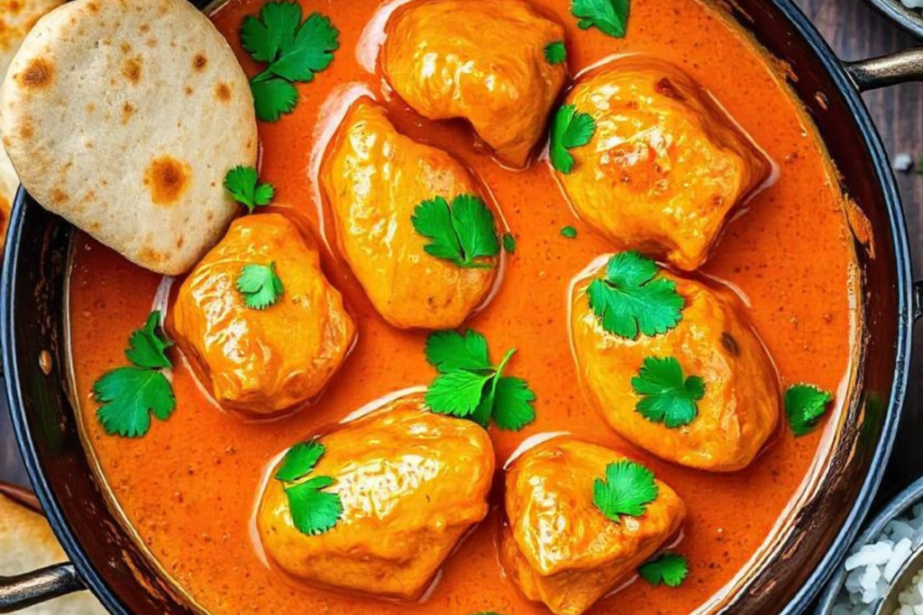 Top-view of chicken tikka masala simmering in a skillet, surrounded by naan bread and basmati rice.