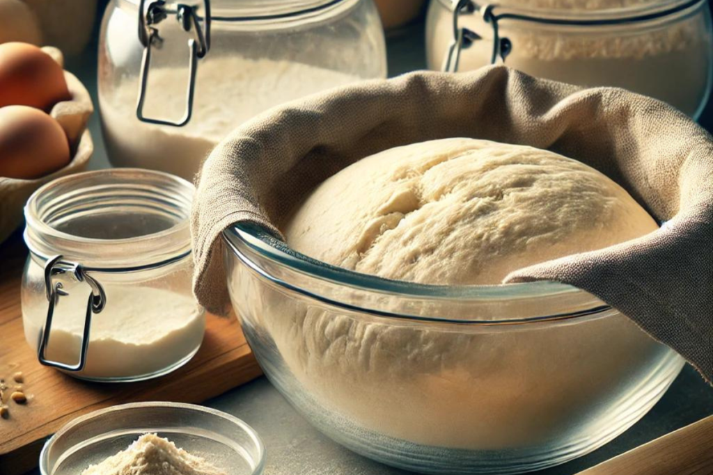 Glass bowl with rising sourdough dough covered with a cloth, surrounded by bread-making ingredients.