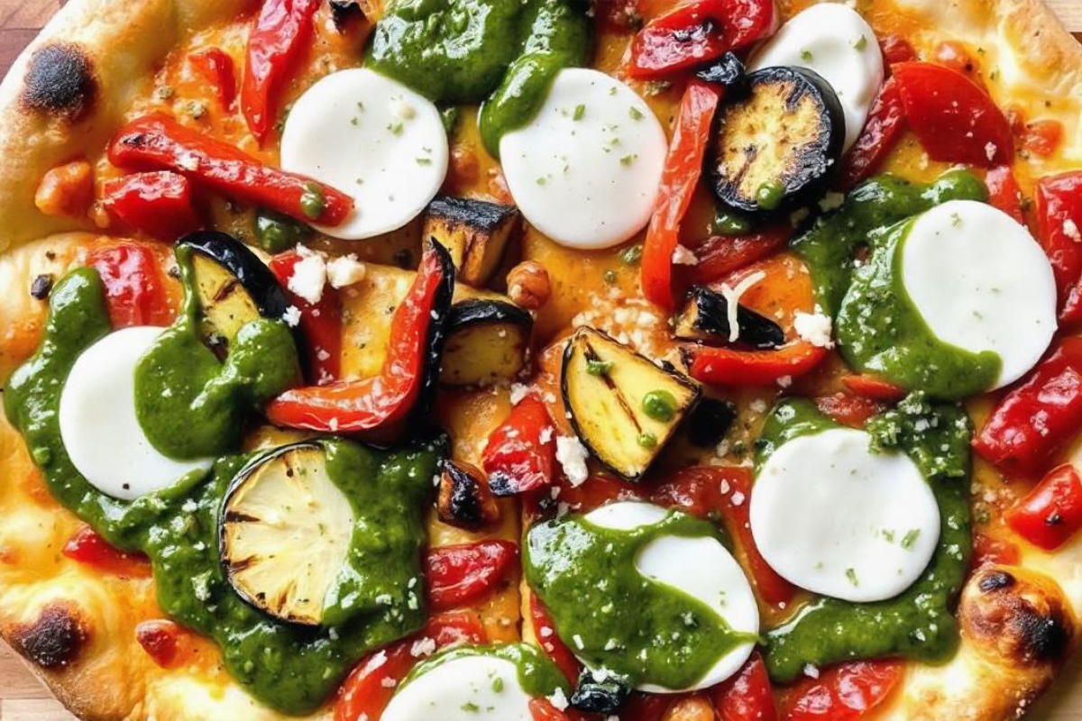 Close-up of a freshly baked pizza topped with chimichurri sauce, grilled vegetables, and mozzarella on a crispy thin crust.