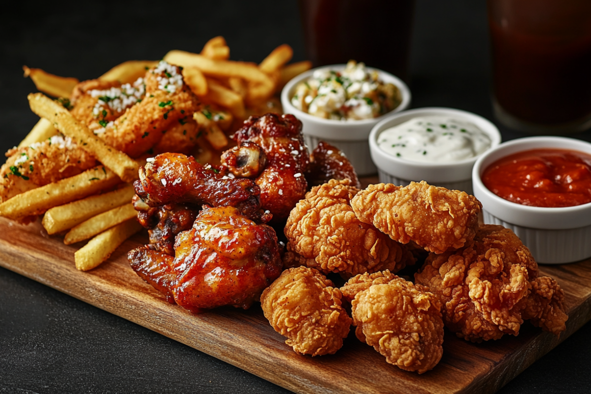 A platter of fried chicken tenders, wings, seasoned fries, and dipping sauces