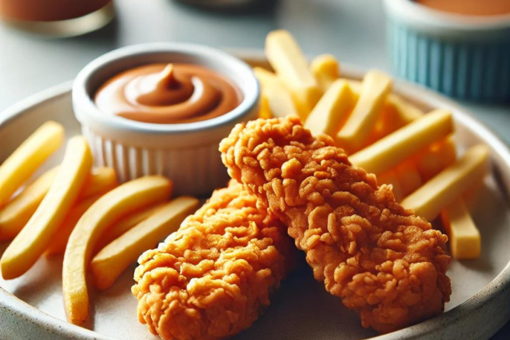 A plate with two crispy golden chicken tenders, a small portion of fries, and a dipping sauce on a kitchen counter.