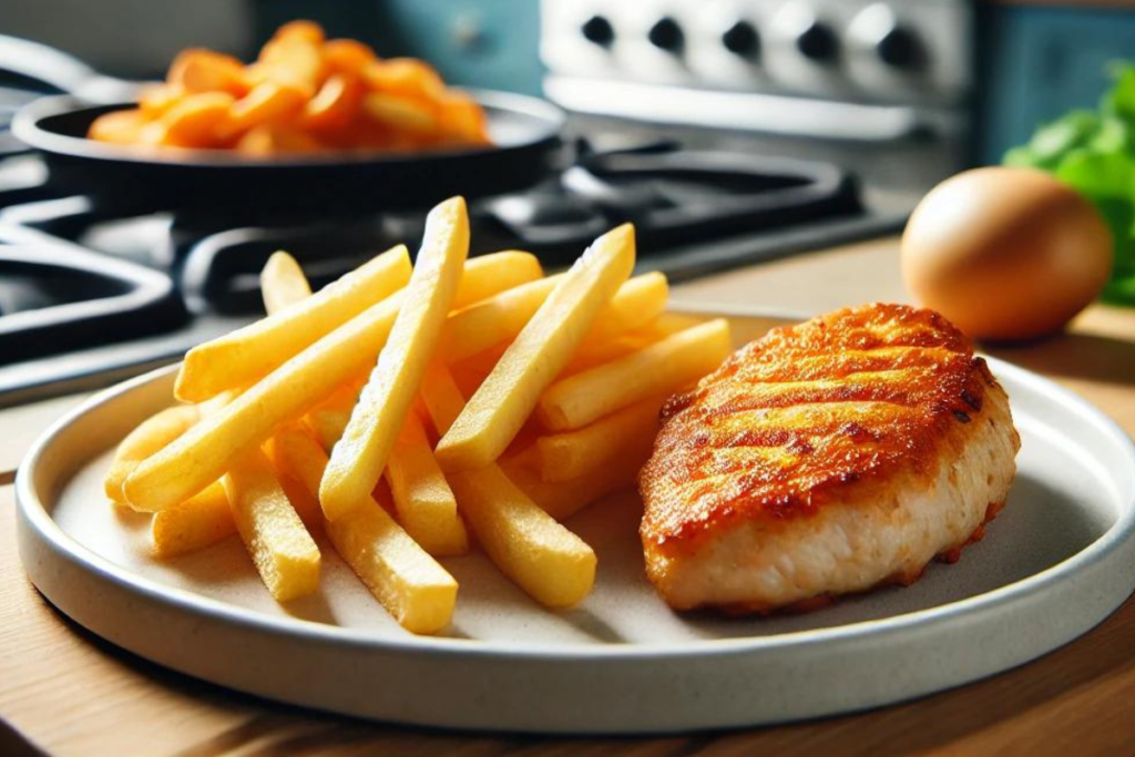 A plate with golden crispy fries and a grilled chicken tender on a kitchen counter.