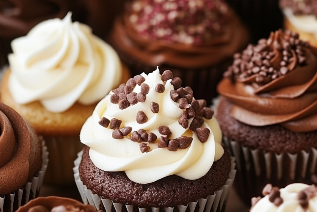 Close-up of chocolate and vanilla cupcakes topped with frosting and chocolate sprinkles.