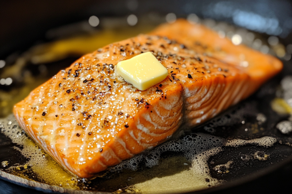 Close-up of a pan-fried salmon fillet with a golden-brown crust, topped with a pat of butter, sizzling in a skillet.