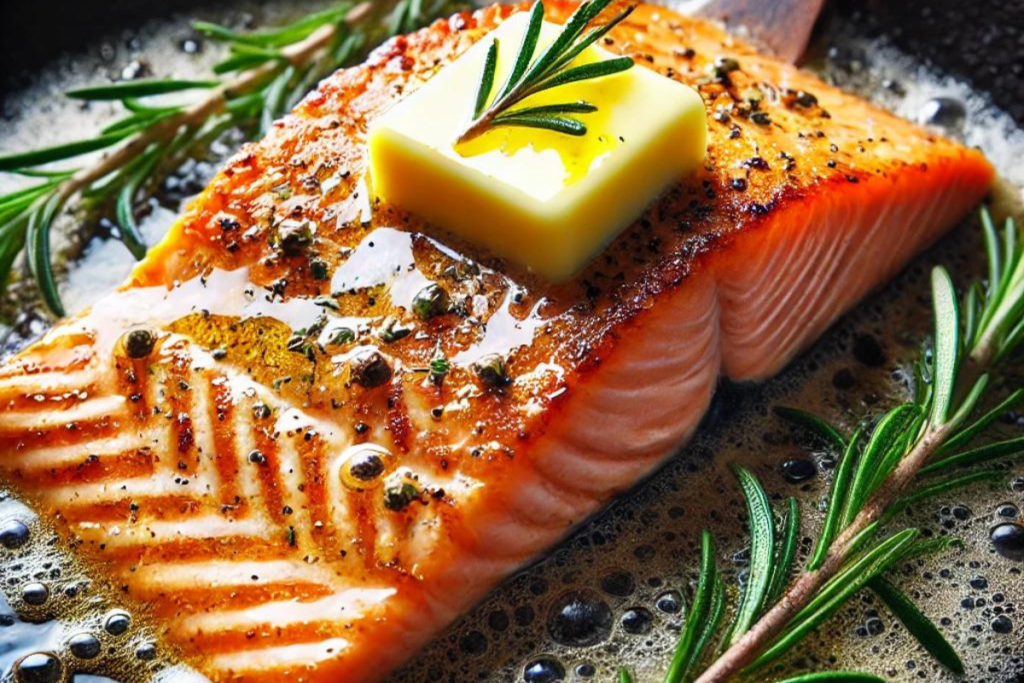 Close-up of a salmon fillet frying in butter with crispy golden edges and a pat of butter on top, garnished with rosemary.