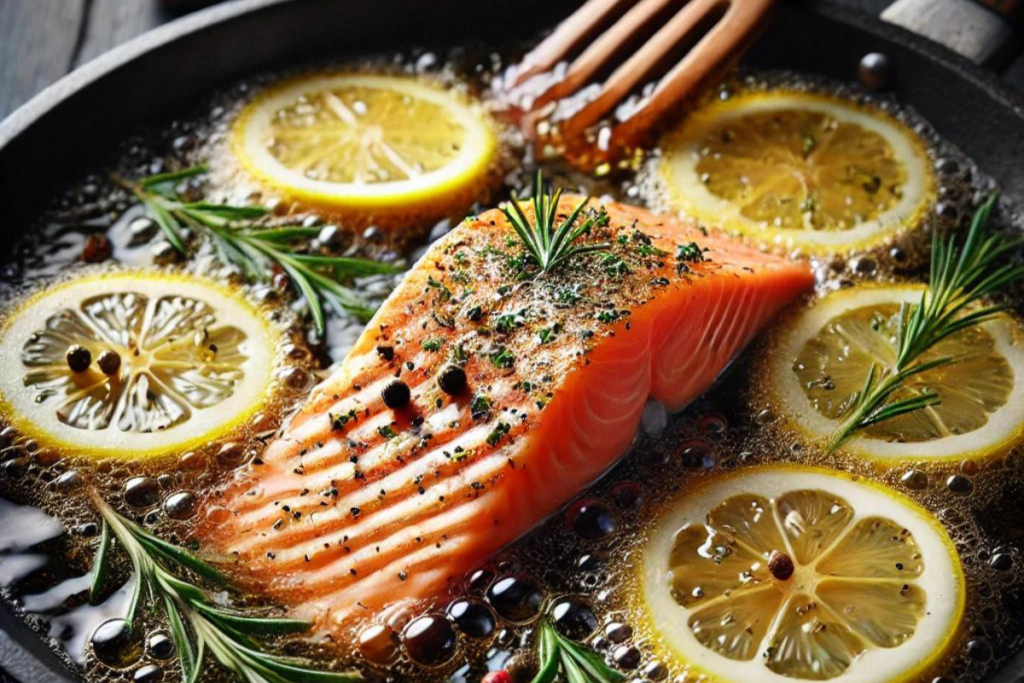 Close-up of a salmon fillet frying in oil, with the fish sizzling and garnished with lemon slices and herbs.