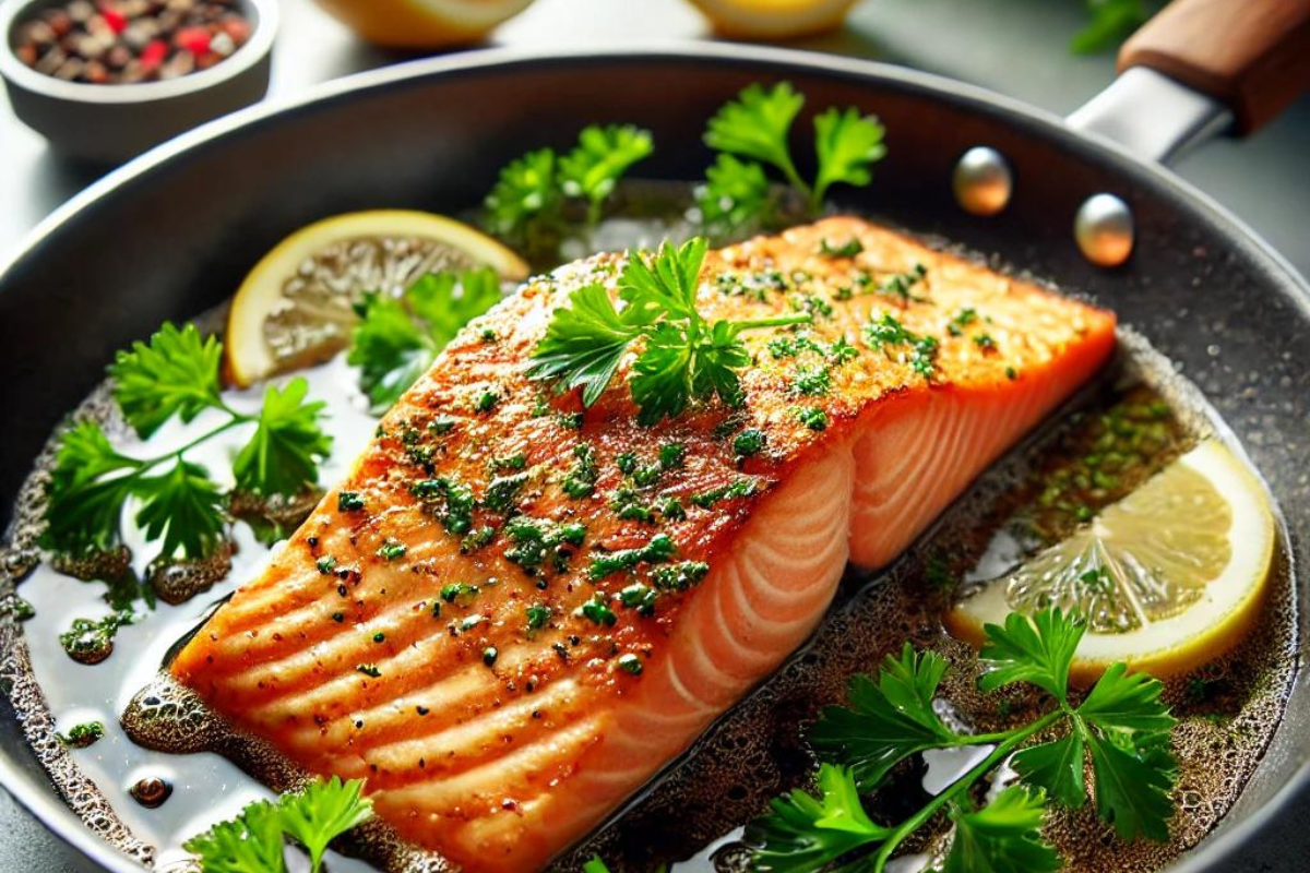 A close-up of a fried salmon fillet with a crispy golden crust, garnished with parsley and lemon slices, in a modern kitchen setting.