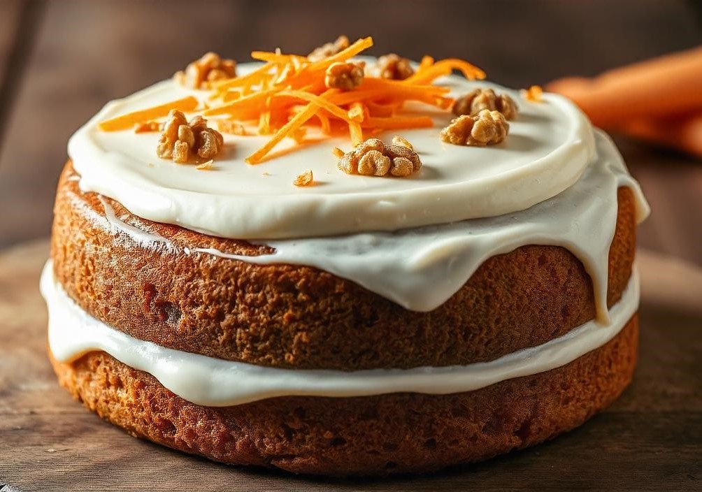 A moist carrot cake topped with creamy white cream cheese frosting, garnished with grated carrots and chopped walnuts.