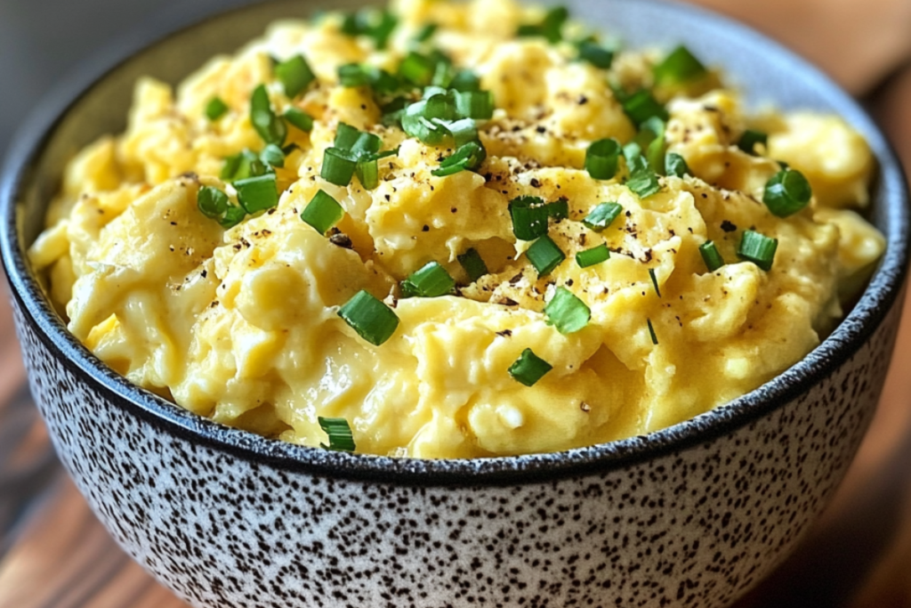 Bowl of fluffy scrambled eggs topped with chopped green onions and seasoned with black pepper.