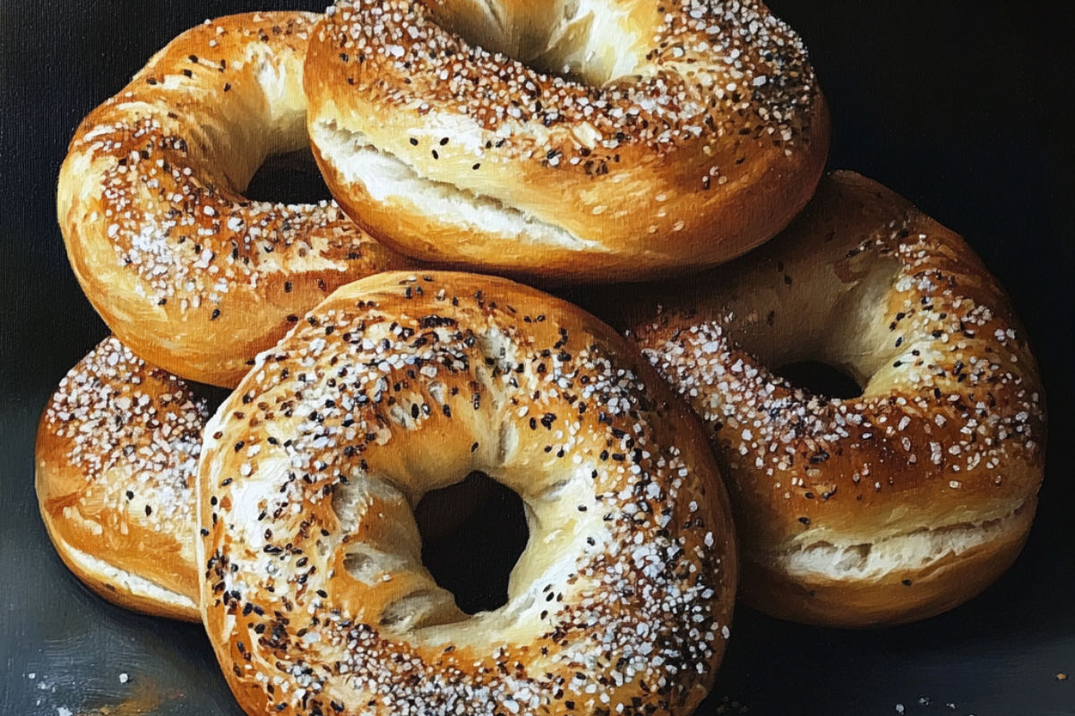 A close-up of a stack of golden-brown salt bagels with a sprinkle of coarse salt and sesame seeds on a dark background.