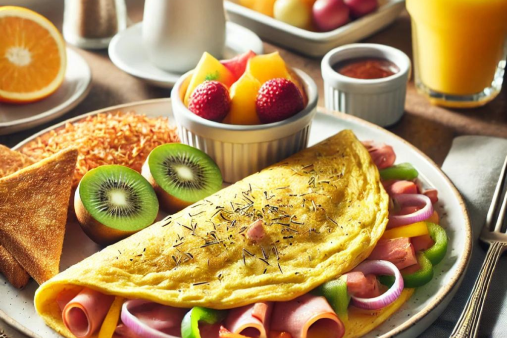 A beautifully plated Western Omelette served with crispy hash browns, whole grain toast, fresh fruit, orange juice, and coffee.