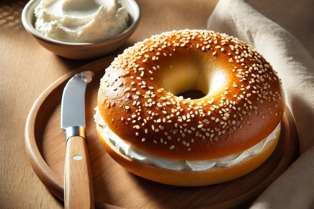 A classic golden-brown salt bagel with coarse salt on top, served on a wooden table with cream cheese and a knife.