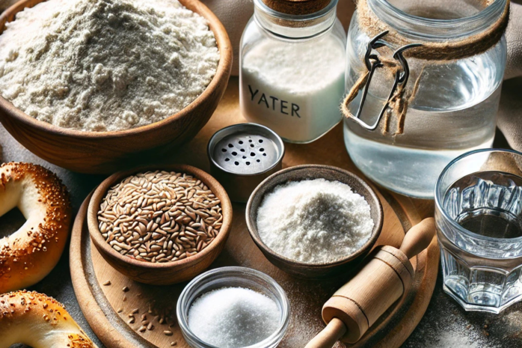  Ingredients for making salt bagels including flour, water, yeast, and salt arranged on a rustic kitchen countertop.