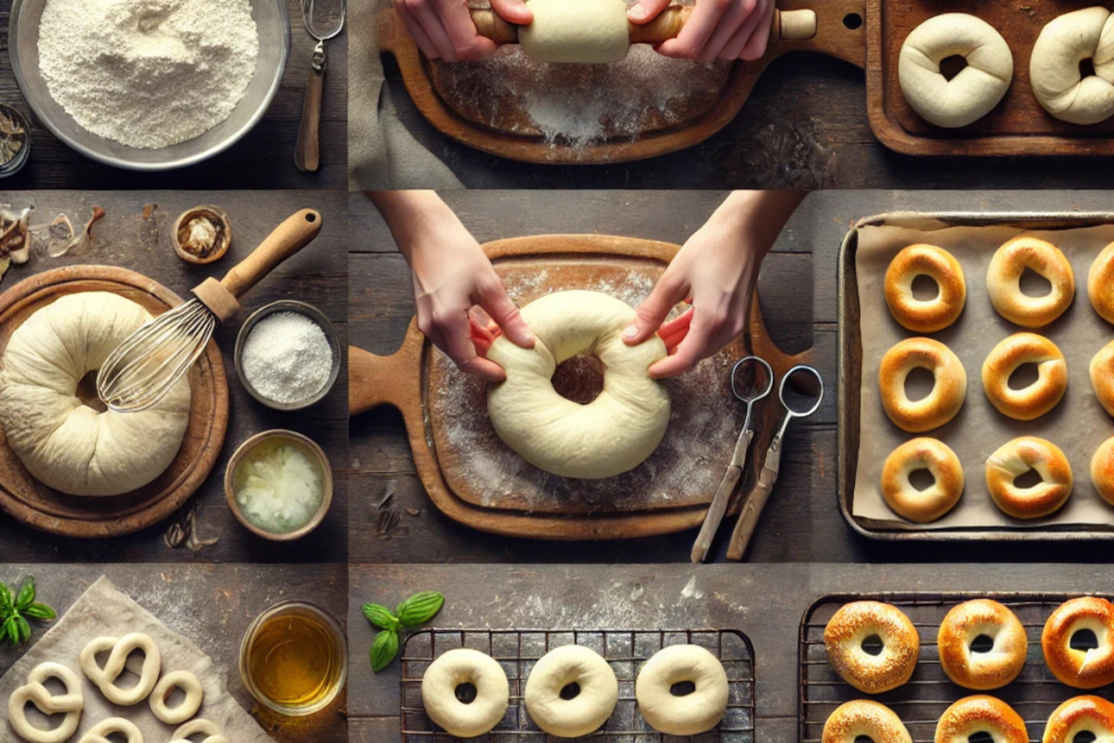 A step-by-step visual guide to making salt bagels, showing dough preparation, shaping, boiling, and baking.