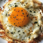 Close-up of crispy hash browns topped with a sunny-side-up egg, garnished with herbs.