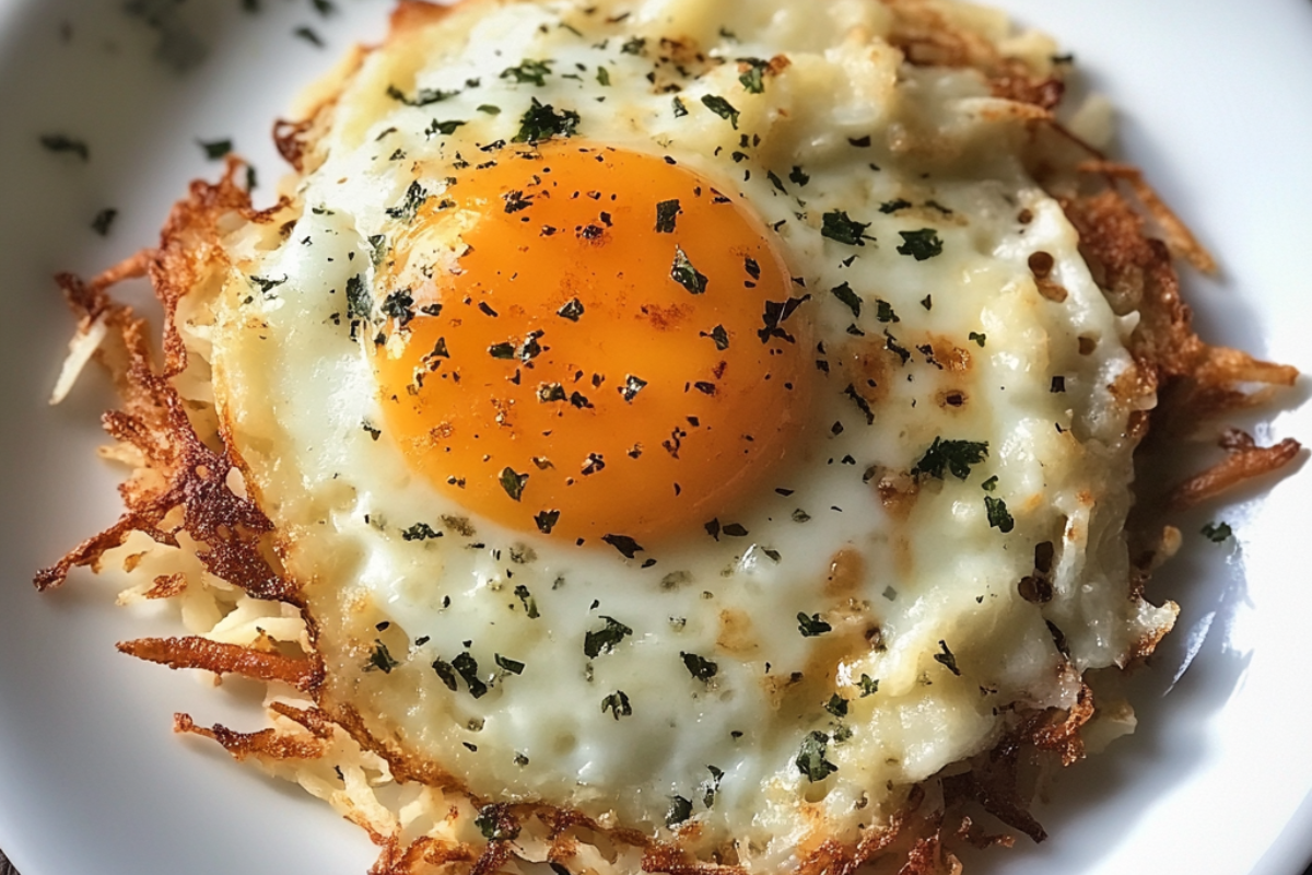 Close-up of crispy hash browns topped with a sunny-side-up egg, garnished with herbs.