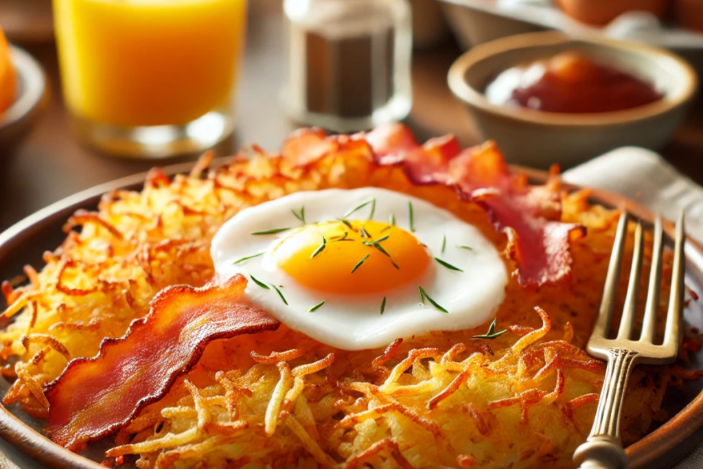 Close-up of crispy golden hash browns served on a plate in a cozy breakfast setting.