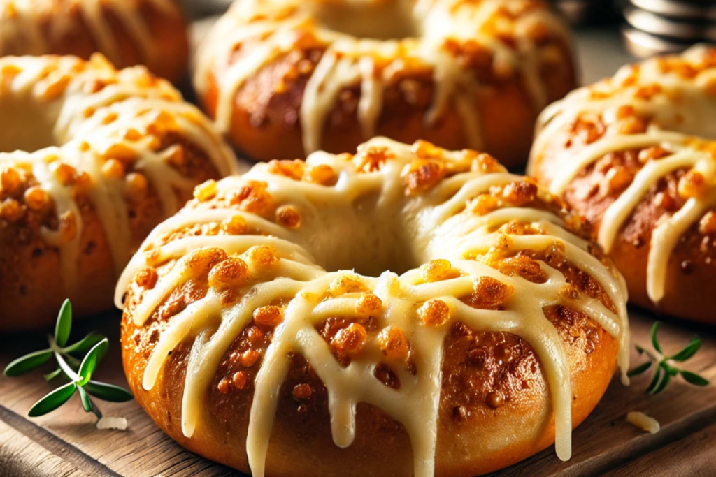 A close-up of freshly baked Asiago bagels topped with melted golden Asiago cheese on a wooden board, in a rustic kitchen setting.