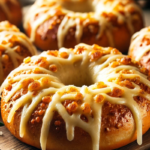 A close-up of freshly baked Asiago bagels topped with melted golden Asiago cheese on a wooden board, in a rustic kitchen setting.